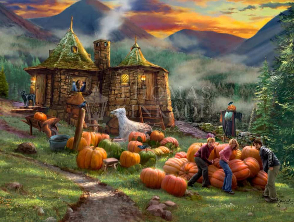Harry Potter Hagrid's Hut Thomas Kinkade Studios Painting from 3rd Harry Potter movie with Ron, Harry, Hermoine.