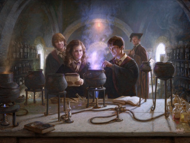 Hogwarts students, Harry, Ron, and Hermione in robes, gather around a bubbling cauldron emitting purple fumes in a potion classroom.