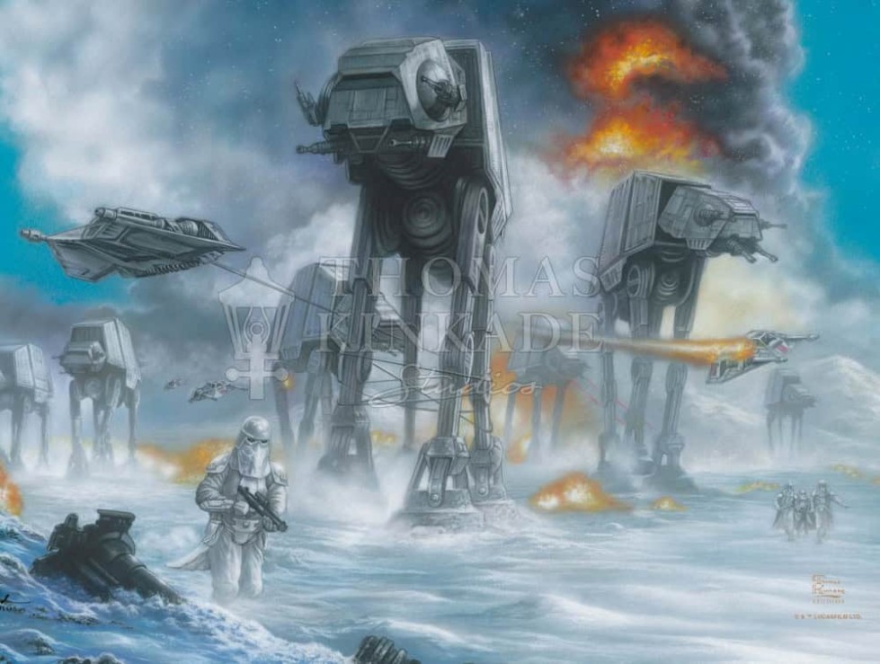 Star Wars - Last Holdout Painting by Thomas Kinkade Studios. Snowy battle scene with AT-ATs and snowspeeders.