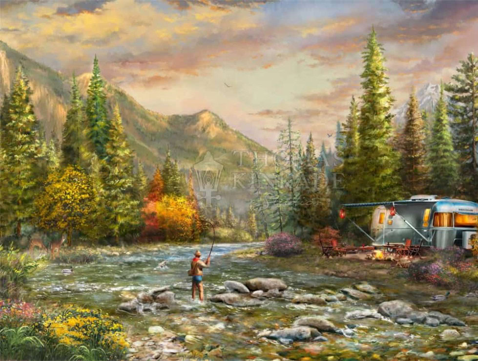 Living the Dream Painting of Fishing in the forest with trailer.