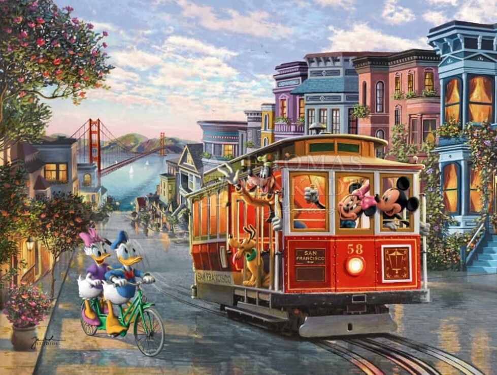 Mickey and Minnie on a red trolley in San.