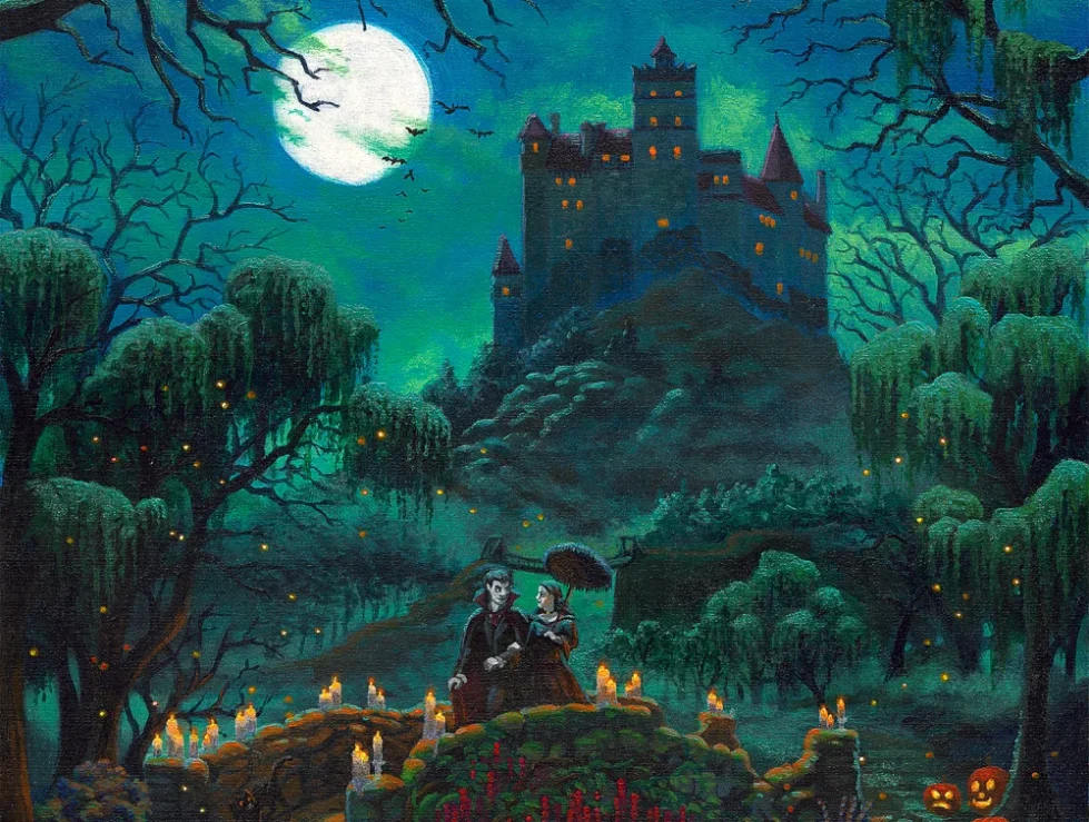 A Midnight Stroll Halloween painting with Dracula, a full moon, jack-o-lanterns, and a castle by Zac Kinkade.