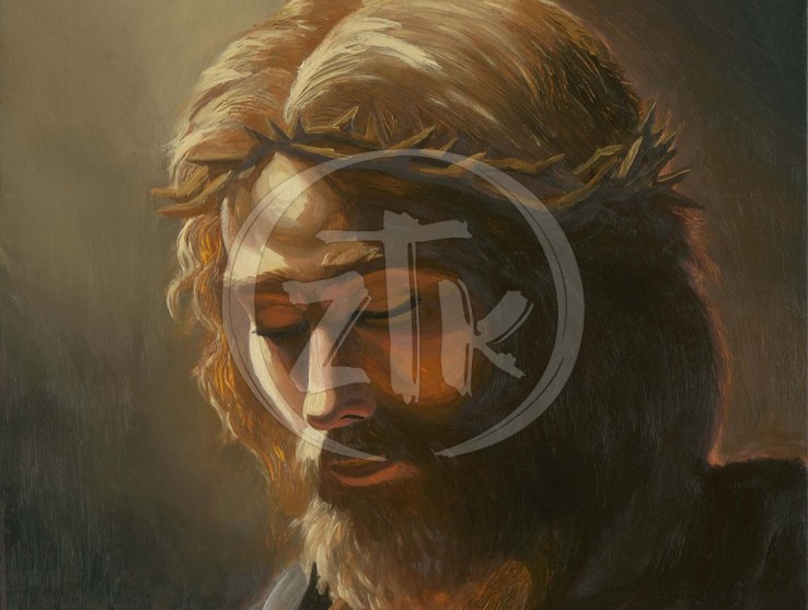 Zac Kinkade painting of Jesus Christ in Prayer in dark colors with light overhead.