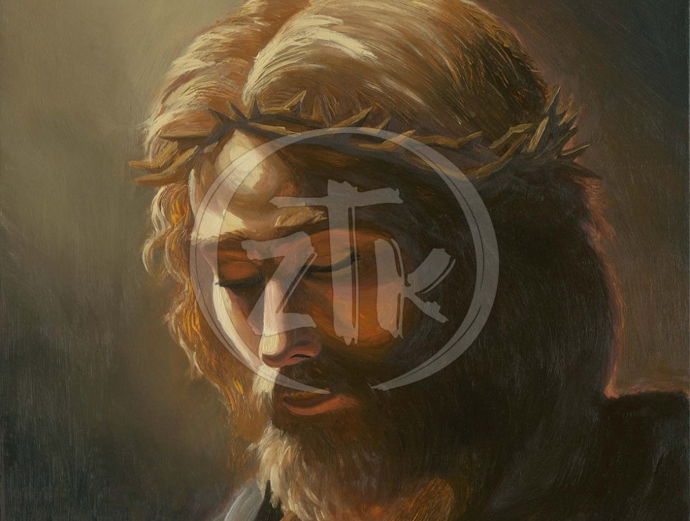 Zac Kinkade painting of Jesus Christ in Prayer in dark colors with light overhead.