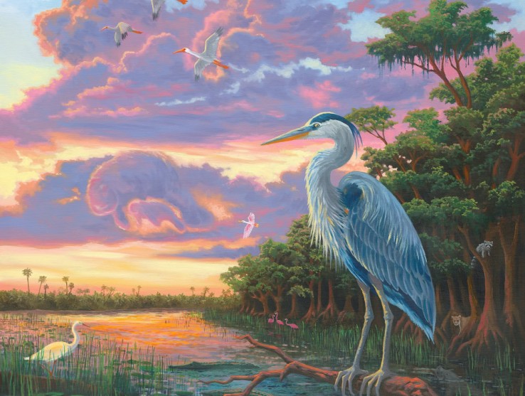 A Blue Herron perches on a limb above alligators and crocodiles in Zac Kinkade's painting Spirit of the Everglades.