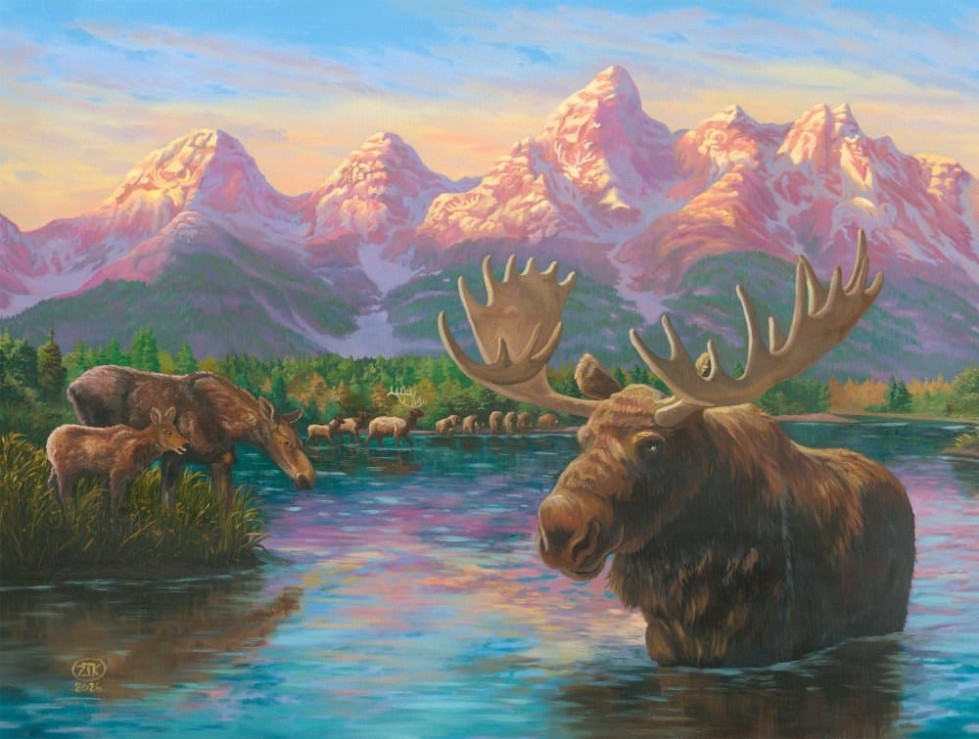 Moose and Mountain patriotic landscape, Spirit of the Grand Tetons, by Zac Kinkade from Art Brantd Studios.