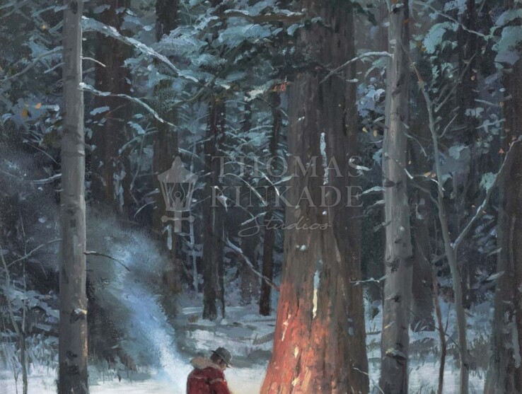 Warming Up painting of camper in the snowy forest with campfire.