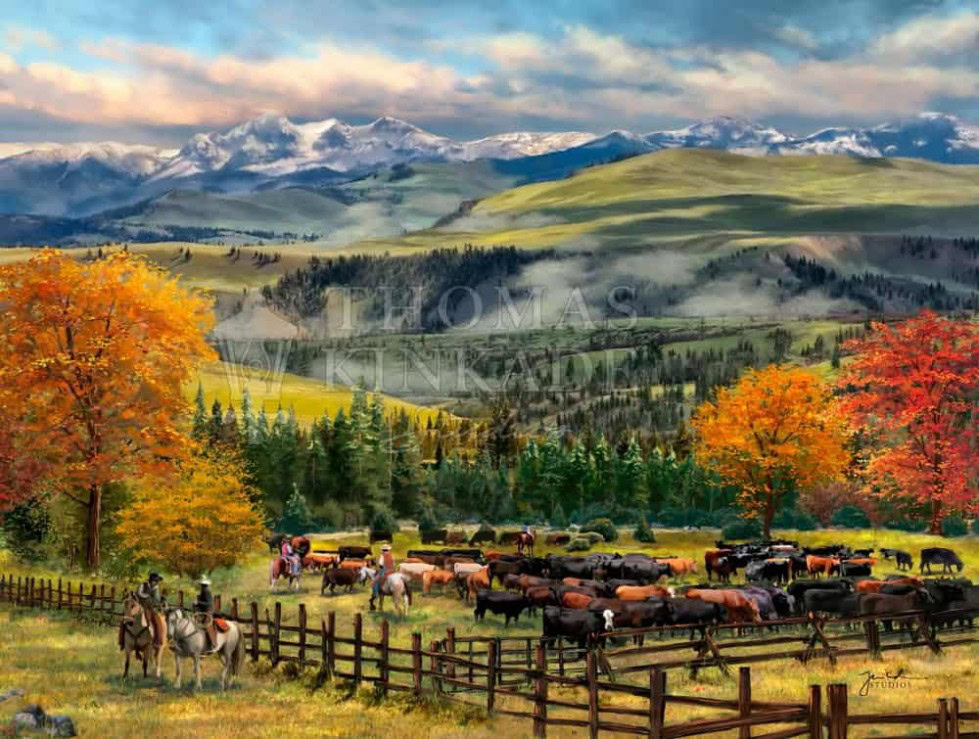 Thomas Kinkade Studios Yellowstone Sky Cowboy Painting