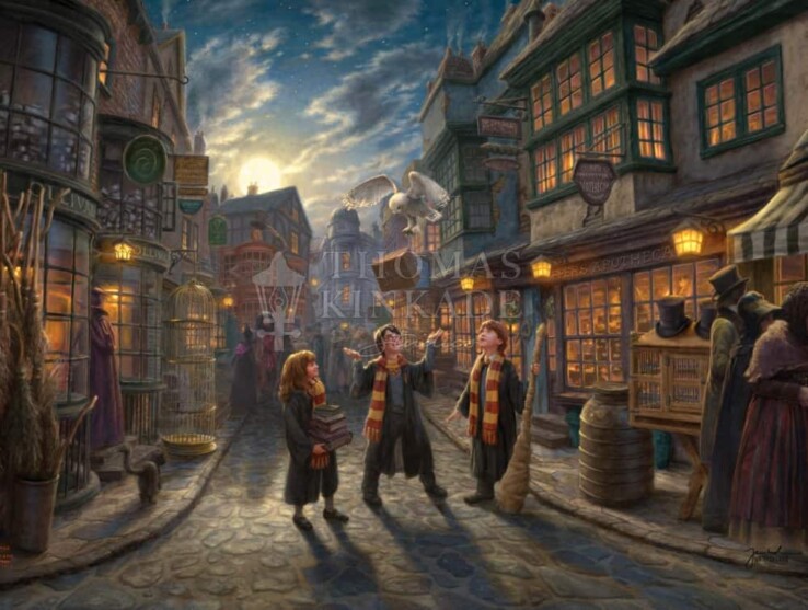 Harry Potter, Ron, and Hermione in Diagon Alley.